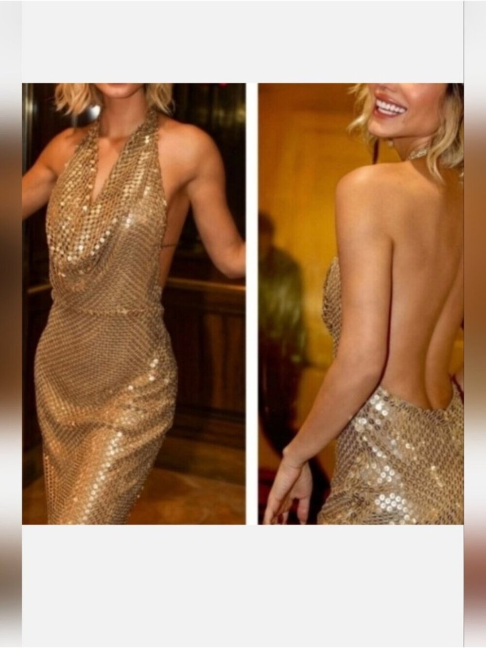 ZARA Gold Sequin Mesh Halter cowl neck open back Midi Maxi Dress EUC Size XS - Picture 13 of 16